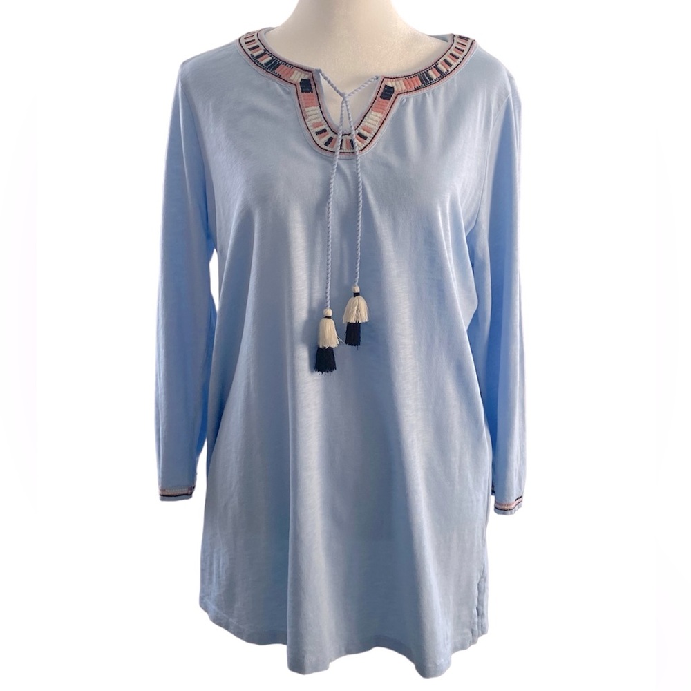 🩵 TALBOTS Light Blue Tunic Size M ~ Embroidered V-Neck & Cuffs. Tassel Neck Tie
